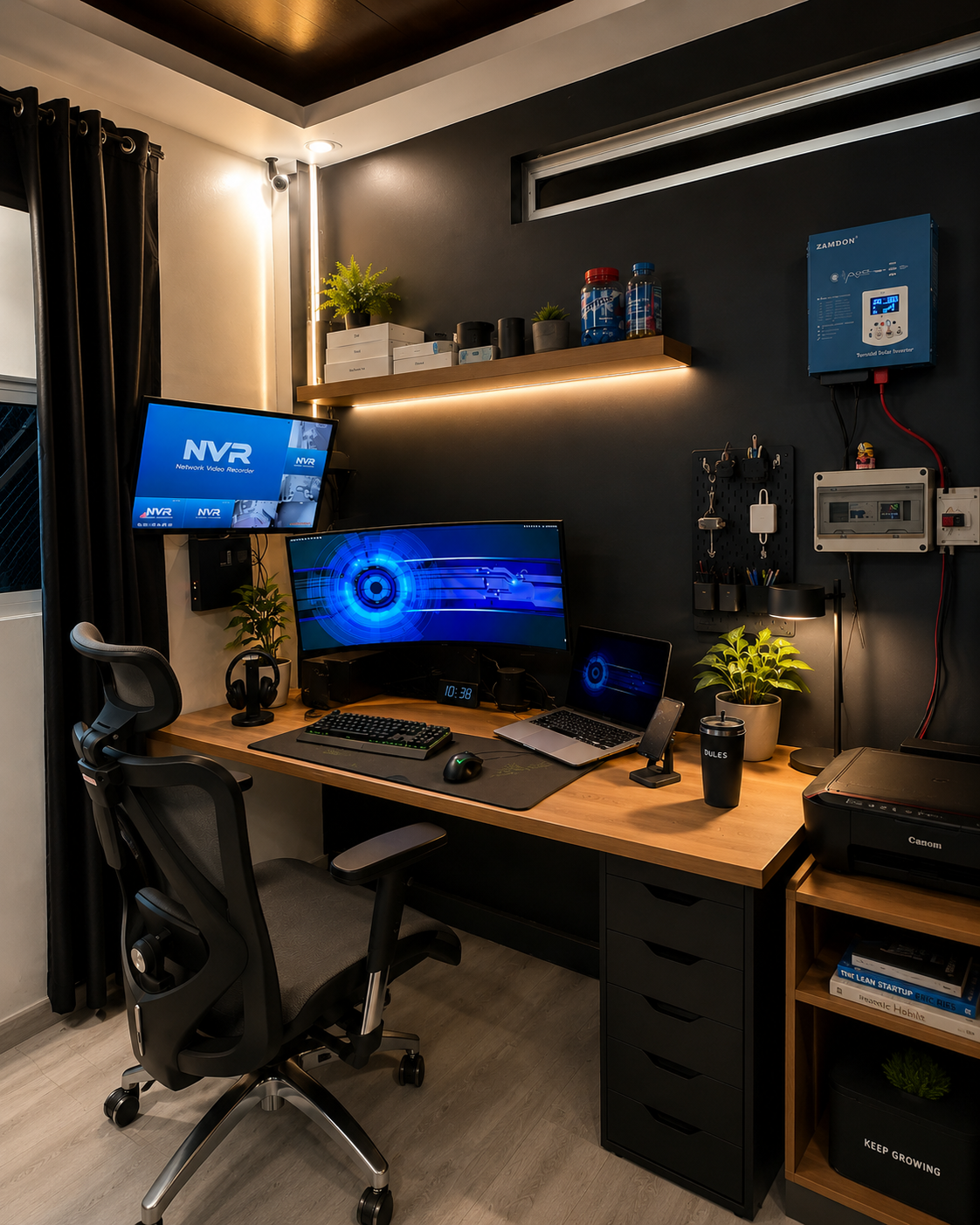 Organized workstation with laptop, monitors, and office tools